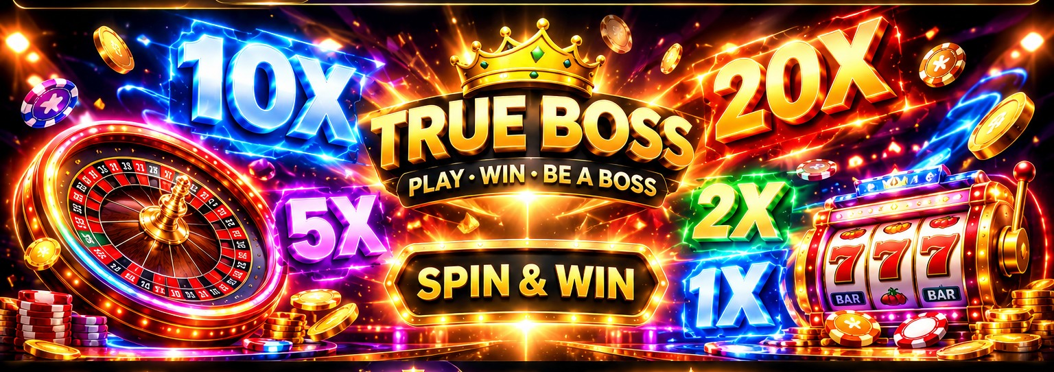 TRUE BOSS gaming banner with glowing multipliers, roulette, spin wheel and slot machine